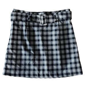 Divided H&M skirt mini plaid black white belted schoolgirl lined preppy size 10